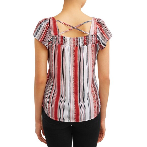 NWT NOBO BROWN/RUST/WHITE STRIPE FLUTTER SLEEVE SQUARE NECK SMOCK TOP XL (15-17) - Picture 4 of 12